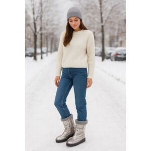Metallic Silver Winter Snow Boots Faux Fur‎ Cuff Zipper Detail Warm Boots